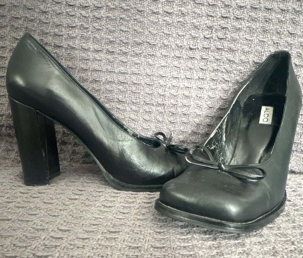Aldo Black Leather Square Toe Bow Block Heel Pumps Size 37